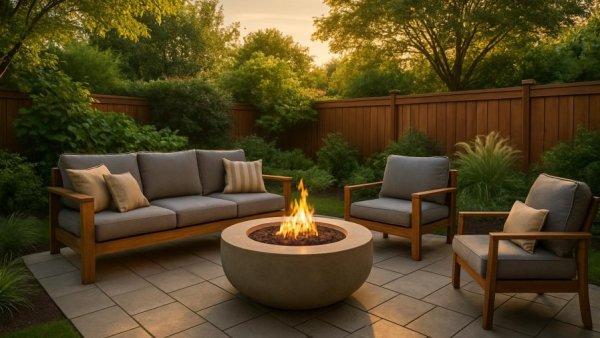 Modern backyard patio design with family-friendly seating.