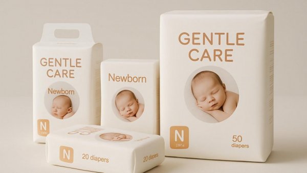 Pura newborn diapers packs showcasing gentle care design.
