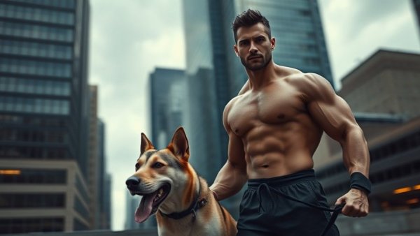 Wartime hero with dog in urban setting, showcasing strength.