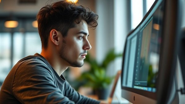 Young man using Apple Studio Display XDR in a modern workspace.
