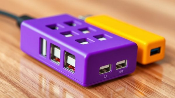 Colorful USB ports on a purple charger, USB port colors.