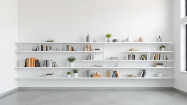 Minimalist white wall-mounted shelving systems in modern room.