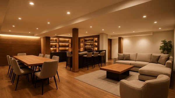 Transitional basement remodeling Chicago with modern dining and bar areas.