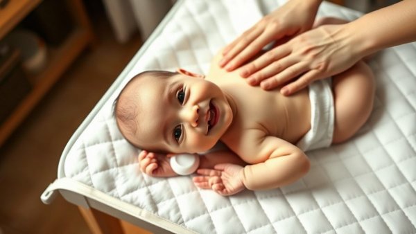 Smiling baby on changing table with Aquaphor Baby Sensitive Lotion.