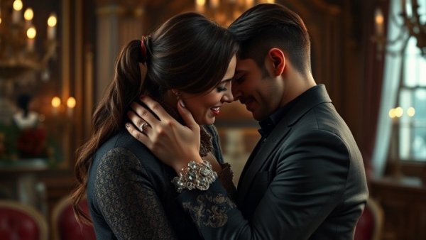 Passionate embrace in elegant clothing with emotional intensity.