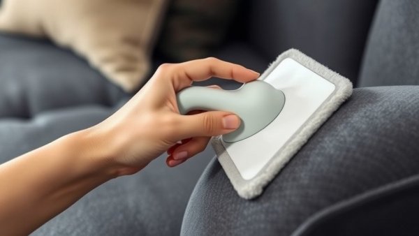 Modern fabric cleaning tool on dark upholstery - close-up.
