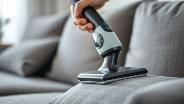 Modern cleaning device revolutionizing home cleaning efficiency on upholstery.