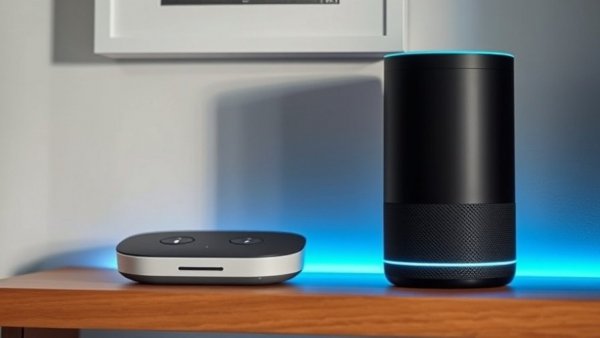 Smart home devices with blue ambient light.