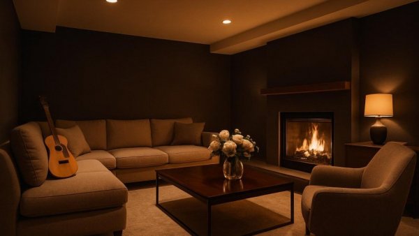 Modern basement living room with cozy fireplace in Houston.