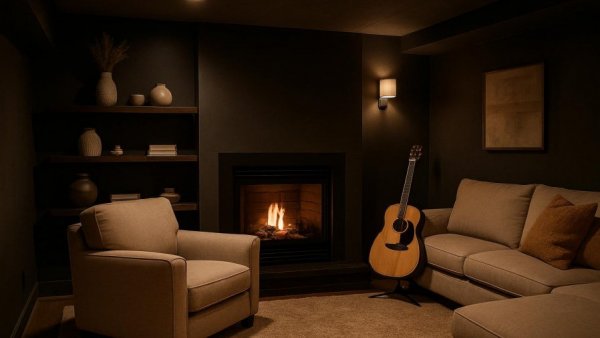 Modern basement living area with fireplace and stylish decor.