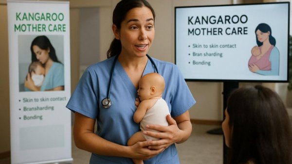 Healthcare professional explaining Kangaroo Mother Care at an event.