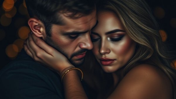 Couple embracing passionately, dark abstract background