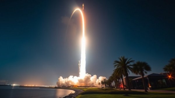 Rocket launch arc over water with palm trees and city lights in night sky.