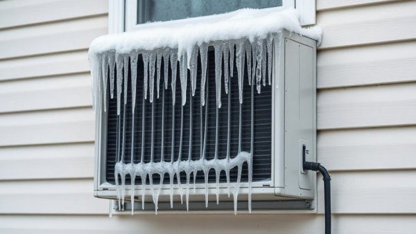 Icy air conditioner unit on house exterior highlighting HVAC tips for winter.