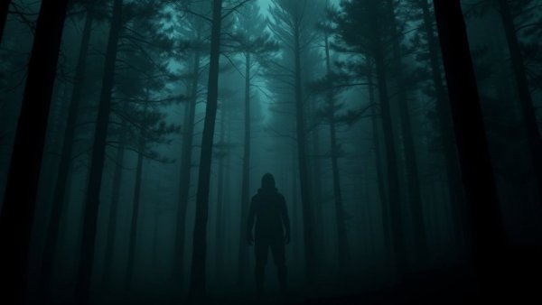 Sinister silhouette in cabin window amidst eerie forest, horror novels.