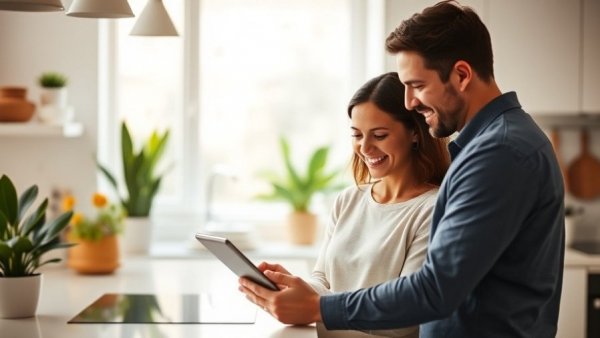 Couple using tablet in kitchen for remodel cost estimation.