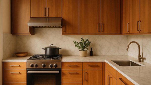 Modern kitchen remodeling in Houston with wooden cabinets and marble countertops.