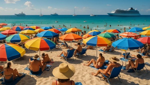 Cabo beaches vibrant scene during Semana Santa with colorful umbrellas.