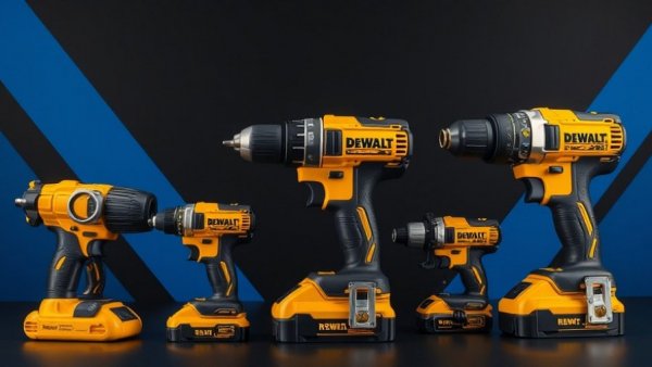 DeWalt power tools sale display against a bold background.