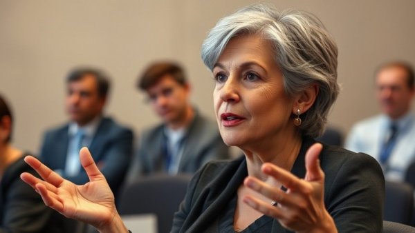 Confident woman discussing business growth capital, gesturing.