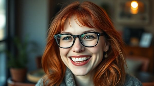 Cheerful woman smiling indoors, The Invisible Life of Addie LaRue review.