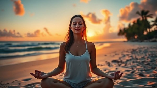 Woman meditating on a beach at sunrise, morning routine ideas for productivity.