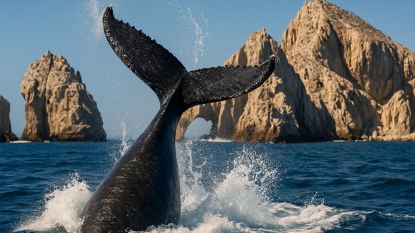 Whale tail in ocean, Los Cabos whale watching experience.