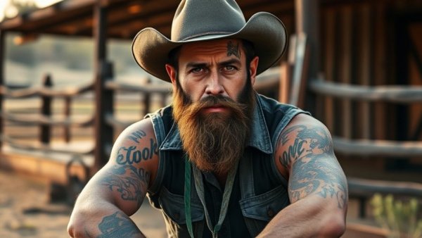 Tattooed cowboy sitting with an intense gaze, photorealistic.