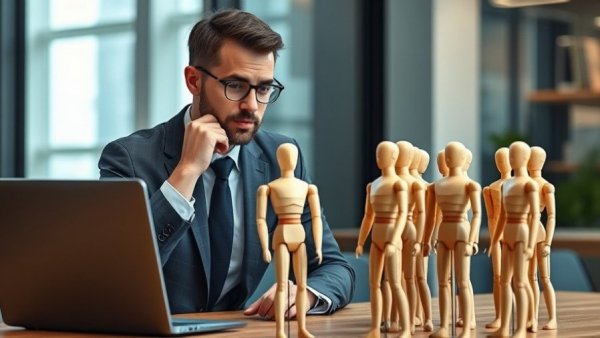 Recruitment concept with businessman managing mannequins