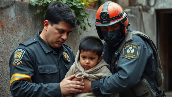 Emergency responder aids dust-covered child in urban setting.