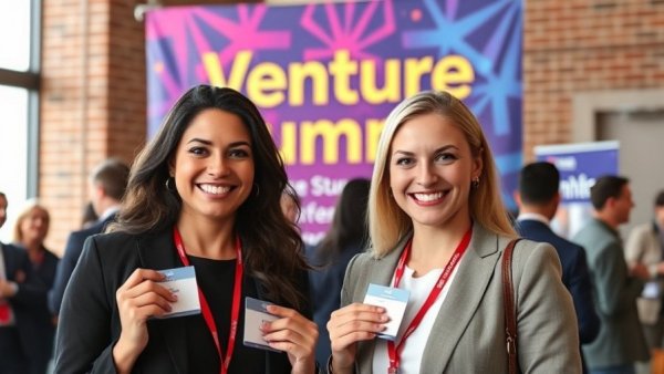Gulf South Venture Summit attendees in front of event banner.
