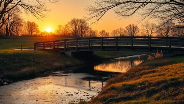 Historical fiction novel cover with a scenic creek and bridge.