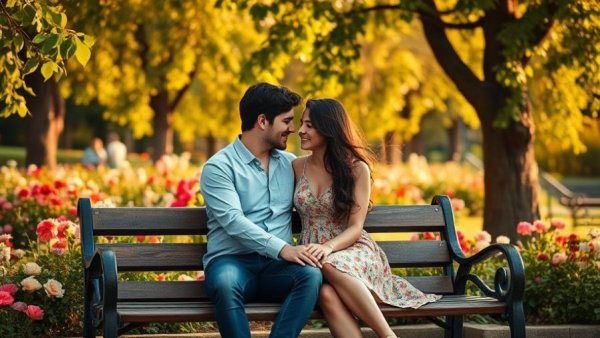 Romantic couple on a park bench in a garden creating a clean romance vibe.