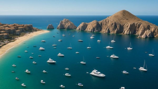 Aerial view of Los Cabos bay showing numerous boats and coastline.