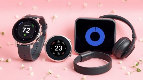 Best tech deals under $100: smartwatch, thermostat, headphones on floral pink background.