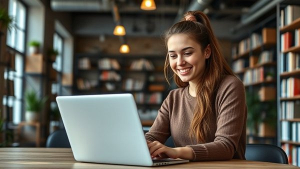 Smiling woman working on laptop in modern workspace.