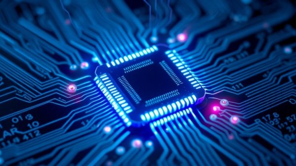 Futuristic microchip emitting light beams, symbolizing business growth capital.