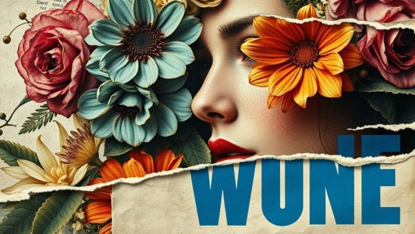 Torn collage with vivid flowers and portrait for historical fiction mystery.