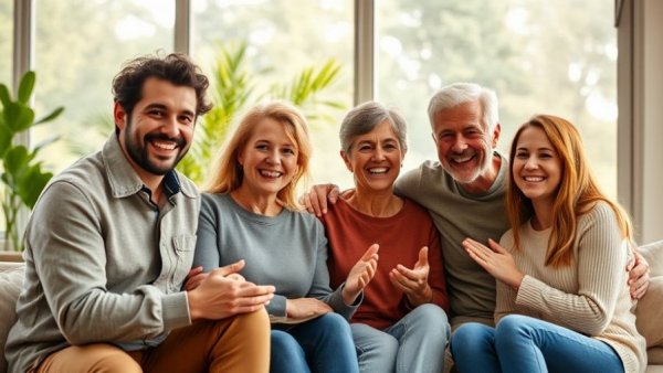 Family relaxing in sunny living room, air conditioning repair and replacement.