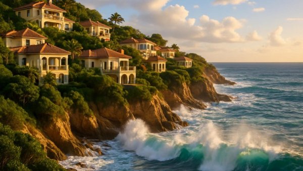 Cabo ocean view with villas and dramatic waves