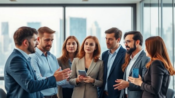 Diverse team discussing AI in a modern office setting.