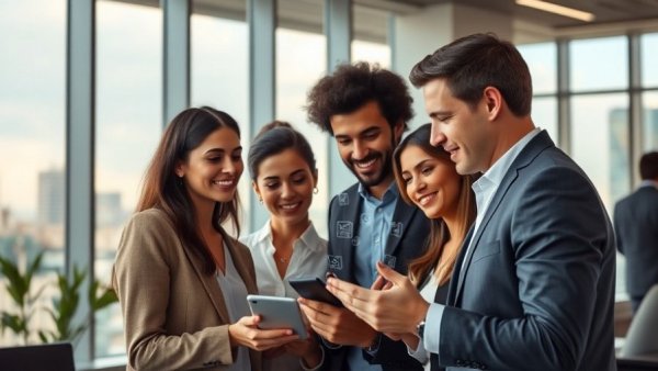 Business team using AI as a crutch or coach in city office setting.