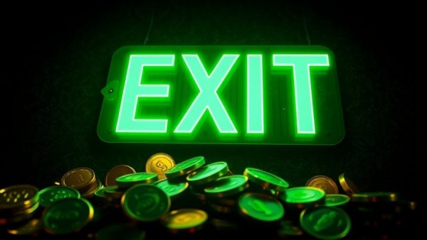 Glowing exit sign with gold coins beneath, AI security standards.