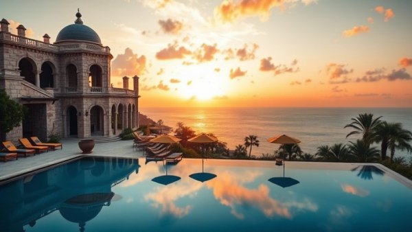 Luxurious infinity pool at sunset in Los Cabos resort.