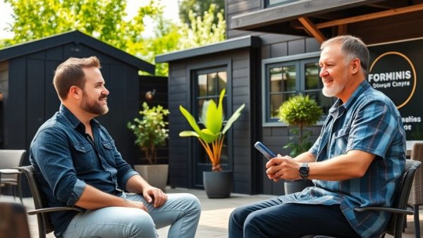 Discussing heat pump misconceptions on outdoor patio with signage
