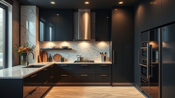 Modern kitchen with textured marble backsplash and sleek design.