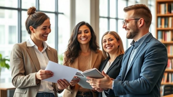 Professionals discussing AI and fraud detection in a modern office library.