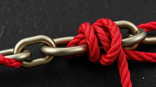 Close-up of chain with red rope knot illustrating supply chain disruptions.