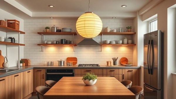 Modern Chef’s Kitchen Design with wooden shelves and pendant light.