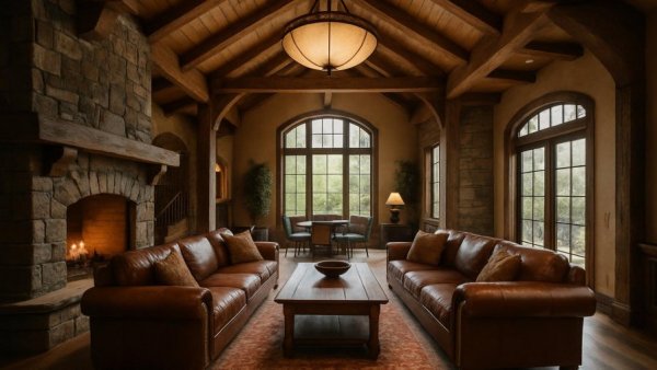 Rustic luxury living room in Seattle with leather sofas and large windows.